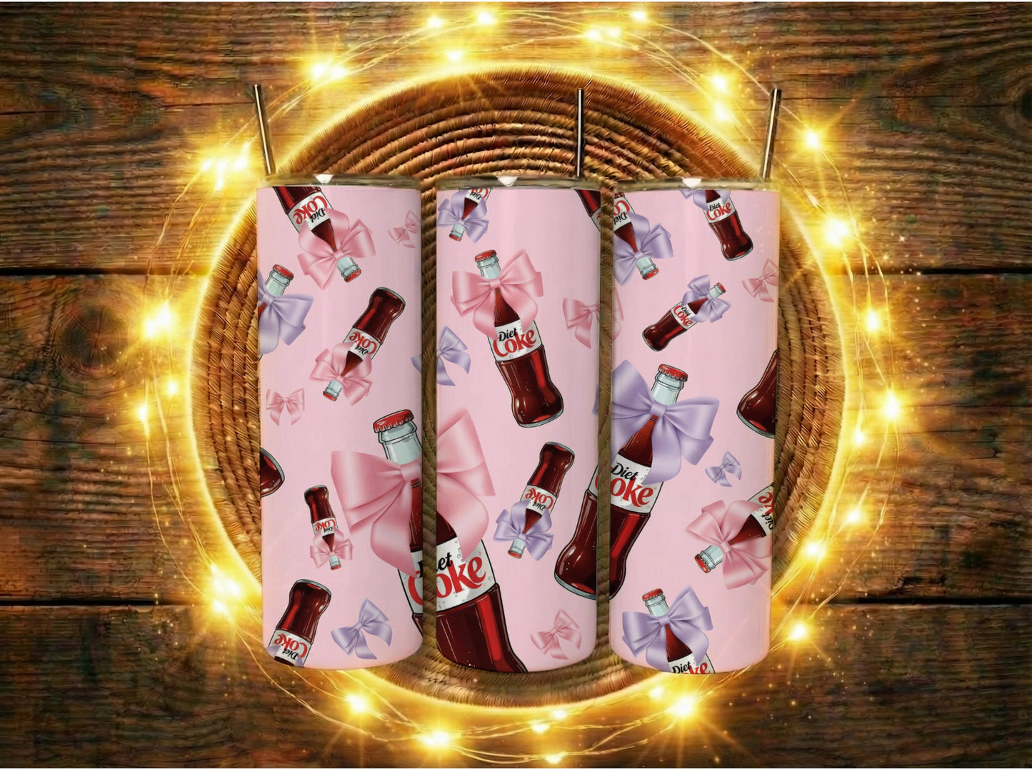 Pink Coke Bottle Pattern Tumbler Cups, Sparkling Lights Background, Gift Idea, Unique Beverage Holder, Set of 2