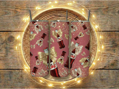 Festive Coca-Cola Tumblers with Glitter and Bows, Christmas Drinkware Gift Set