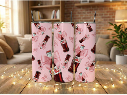 Pink Coke Tumbler Cups, Stainless Steel Soda Themed Travel Mugs with Straws, Gift Idea