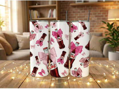 Diet Coke Pattern Tumbler Cups with Straws, Pink Bow Wrap Design, Reusable Drinkware, Gift Idea