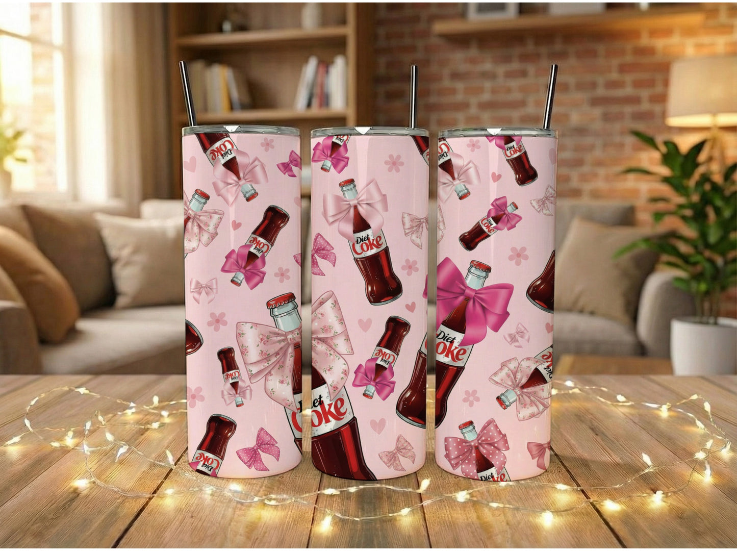 Diet Coke Pattern Insulated Tumbler with Straw, Pink Bow Accents, 20 oz Stainless Steel Drinkware, Gift for Soda Lovers