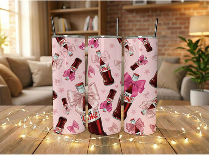 Diet Coke Pattern Insulated Tumbler with Straw, Pink Bow Accents, 20 oz Stainless Steel Drinkware, Gift for Soda Lovers