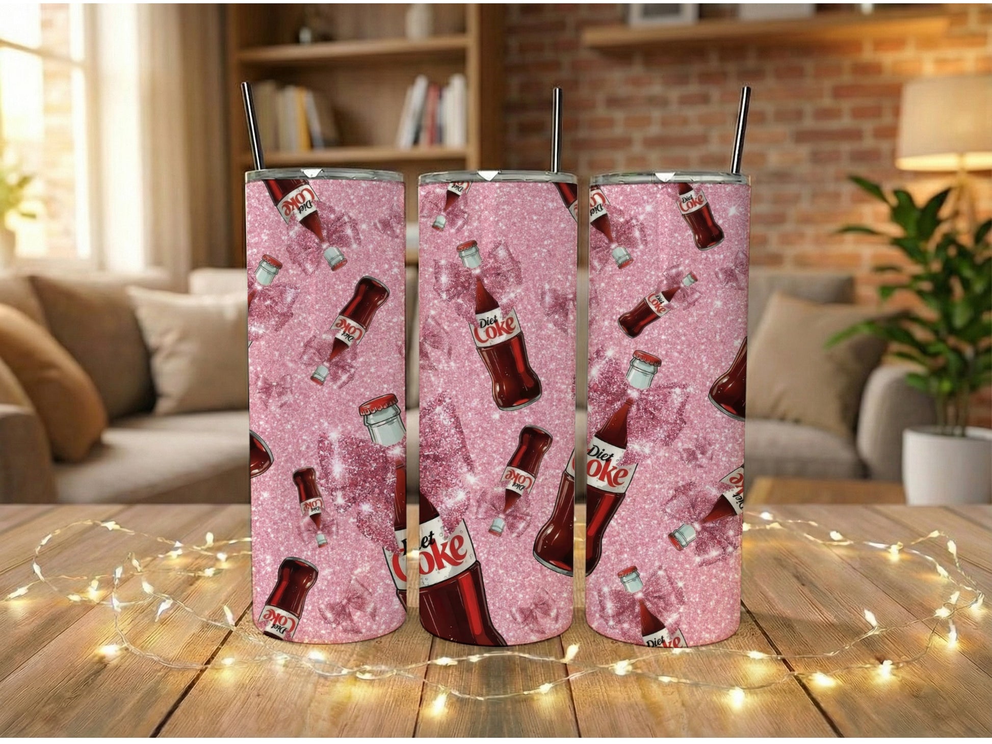 Diet Coke Glitter Tumbler, Sparkly Insulated Beverage Holder, Pink Soda Theme, Stainless Steel Cup with Straw