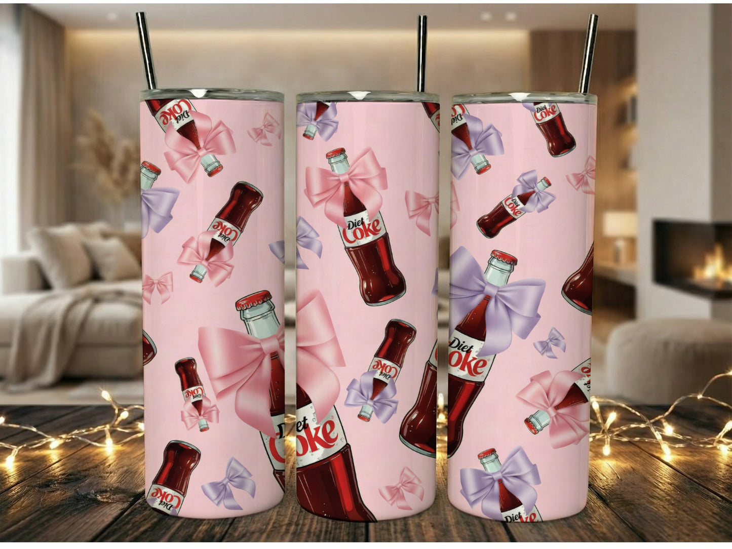 Pink Diet Coke Pattern Tumbler, Stainless Steel Insulated Cup with Straw, Unique Soda Drink Design Travel Mug for Gift