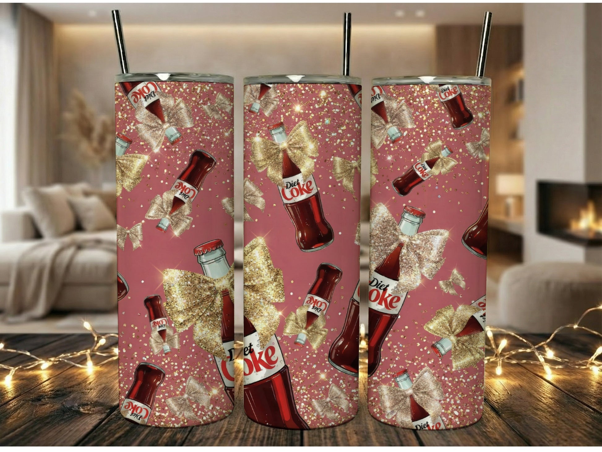 Sparkly Pink Soda Theme Tumbler, Glitter Coke Bottle, Gold Bow, Stainless Steel Travel Mug