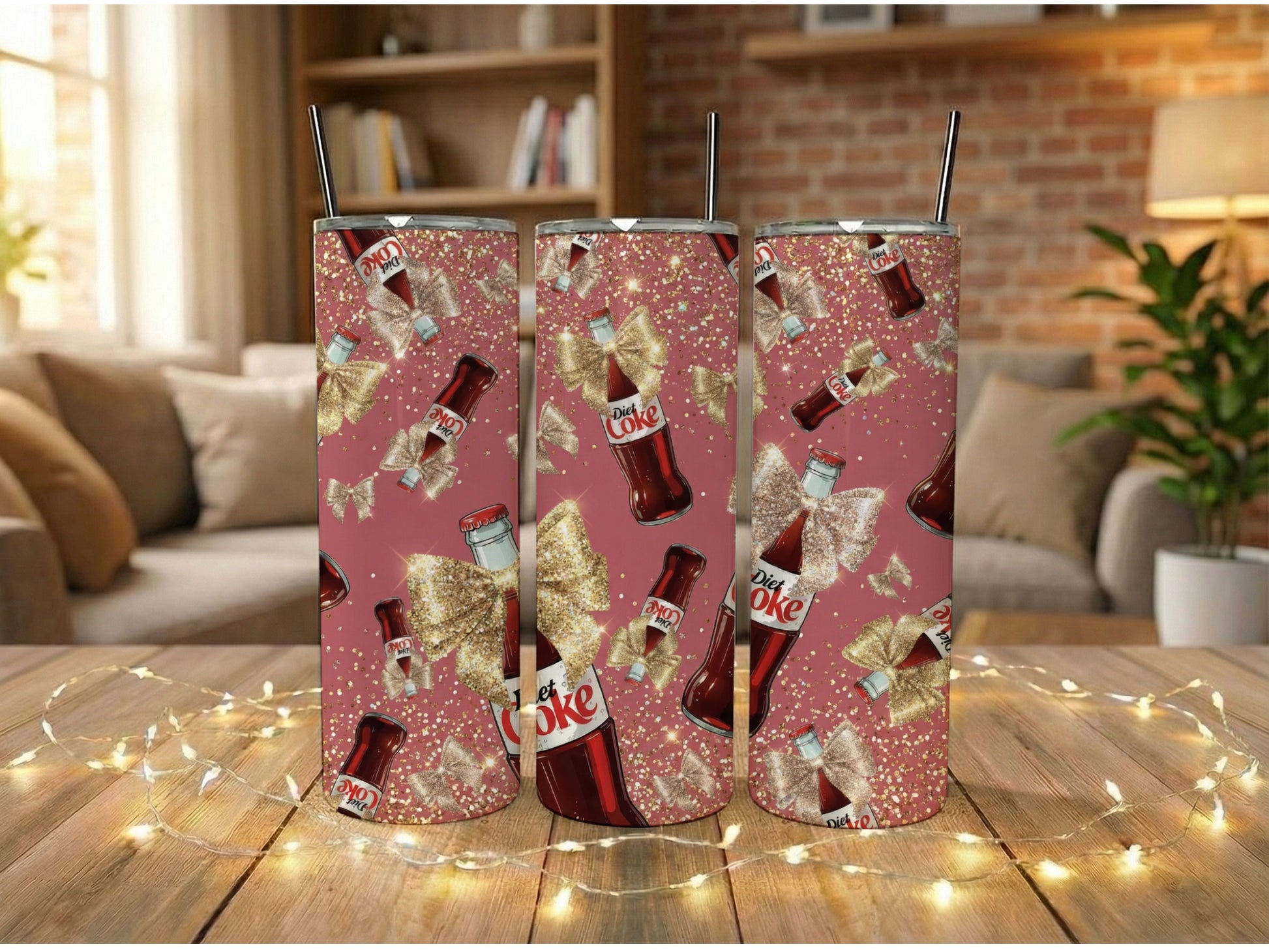 Festive Coca-Cola Tumbler Set, Holiday Gift, Sparkling Gold Glitter Design, Stainless Steel Cups with Straws
