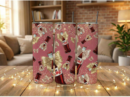 Festive Coca-Cola Tumbler Set, Holiday Gift, Sparkling Gold Glitter Design, Stainless Steel Cups with Straws