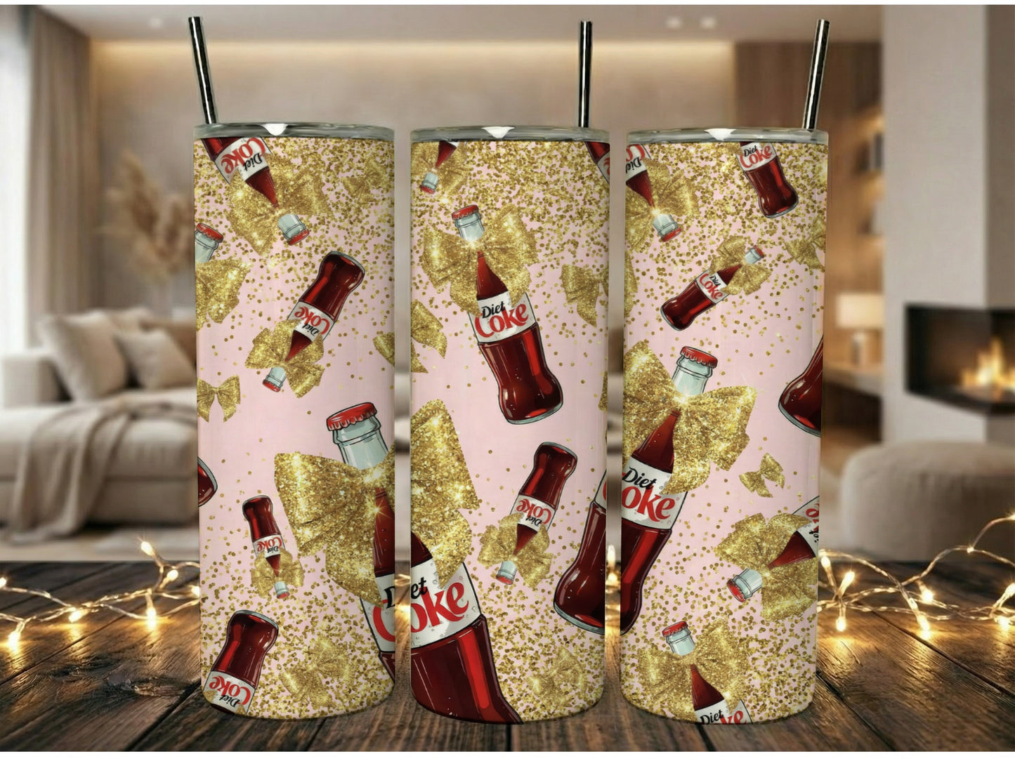 Sparkly Gold Glitter Coke Tumbler, Pink Background, Soda Lover Gift, Insulated Drinkware, Unique Beverage Cup, Party Accessory