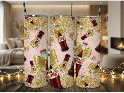 Sparkly Gold Glitter Coke Tumbler, Pink Background, Soda Lover Gift, Insulated Drinkware, Unique Beverage Cup, Party Accessory